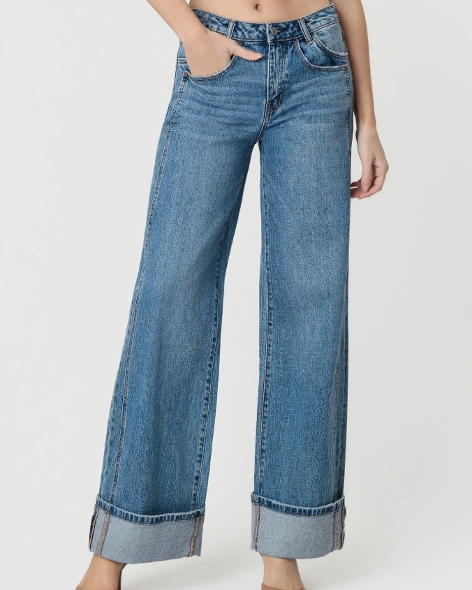 High Rise Cuffed Panel Baggy Wide Jeans "Shine"