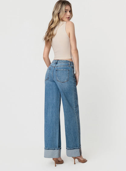 High Rise Cuffed Panel Baggy Wide Jeans "Shine"