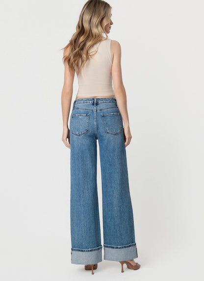 High Rise Cuffed Panel Baggy Wide Jeans "Shine"