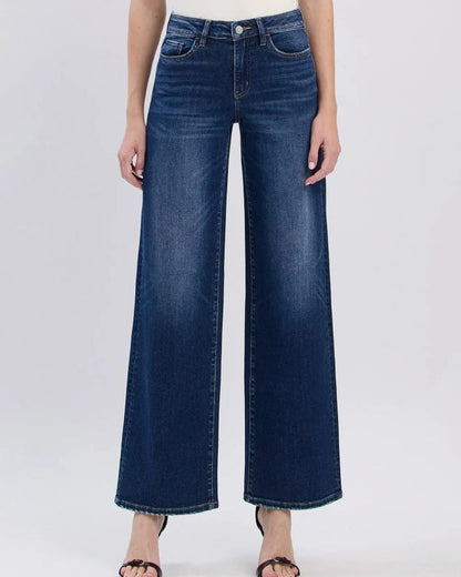 High Rise Dark Wash Full Length Wide Jeans "Flying Bird"