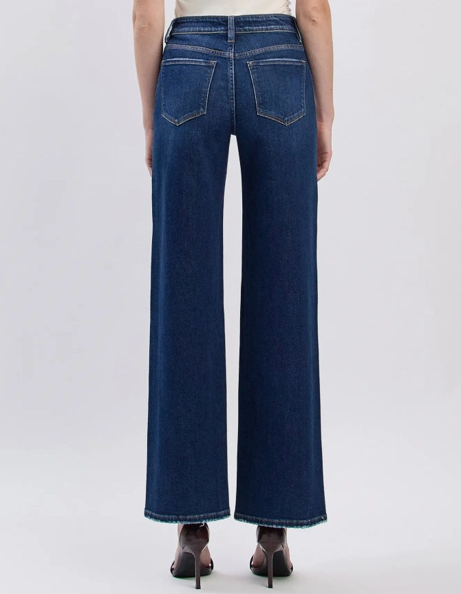 High Rise Dark Wash Full Length Wide Jeans "Flying Bird"