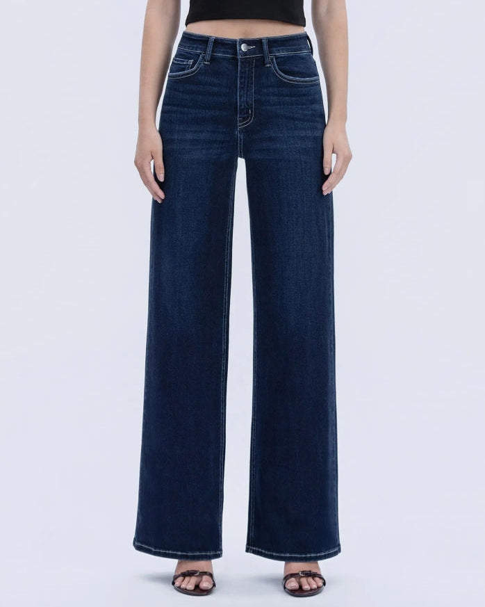 High Rise Dark Wash Full Length Wide Jeans "Harmonious Light"
