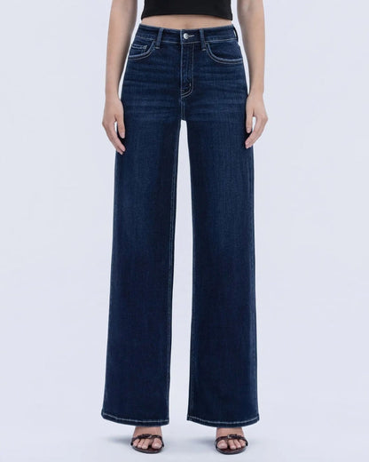 High Rise Dark Wash Full Length Wide Jeans "Harmonious Light"