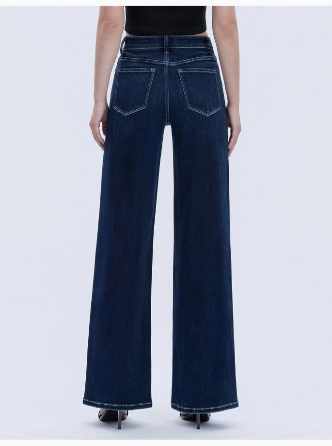 High Rise Dark Wash Full Length Wide Jeans "Harmonious Light"