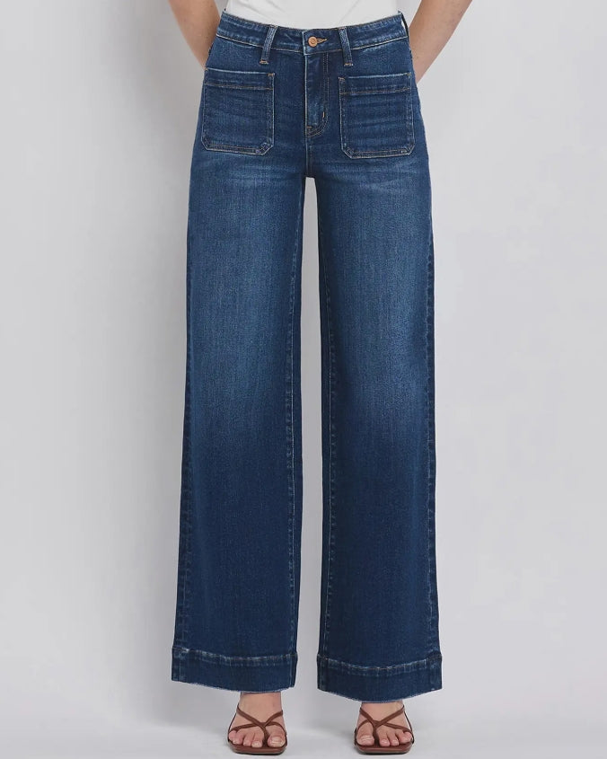 High Rise Patch Pocket Trouser Hem Wide Jeans "Dark Denim"