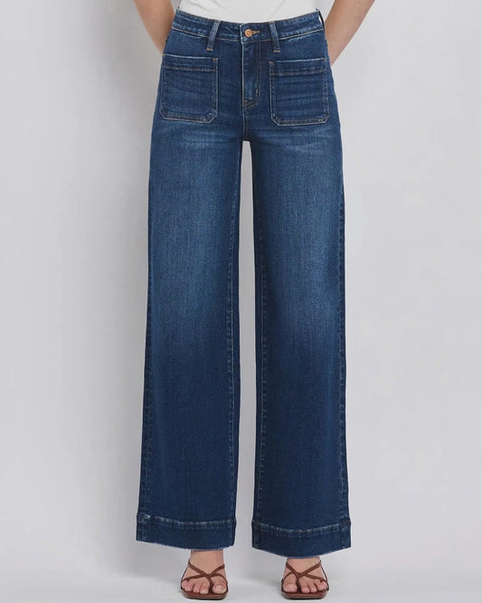 High Rise Patch Pocket Trouser Hem Wide Jeans "Dark Denim"