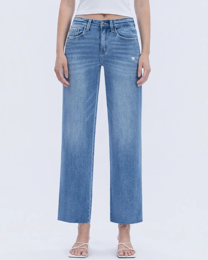 High Rise Raw Hem Slim Wide Jeans "Supported"