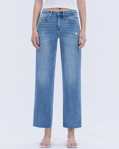 High Rise Raw Hem Slim Wide Jeans "Supported"