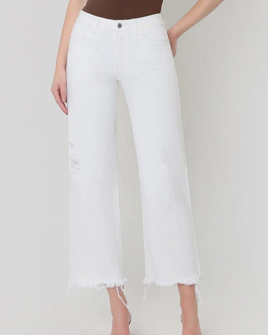 "Optic White"High Rise Uneven Raw Hem Crop Wide Jeans