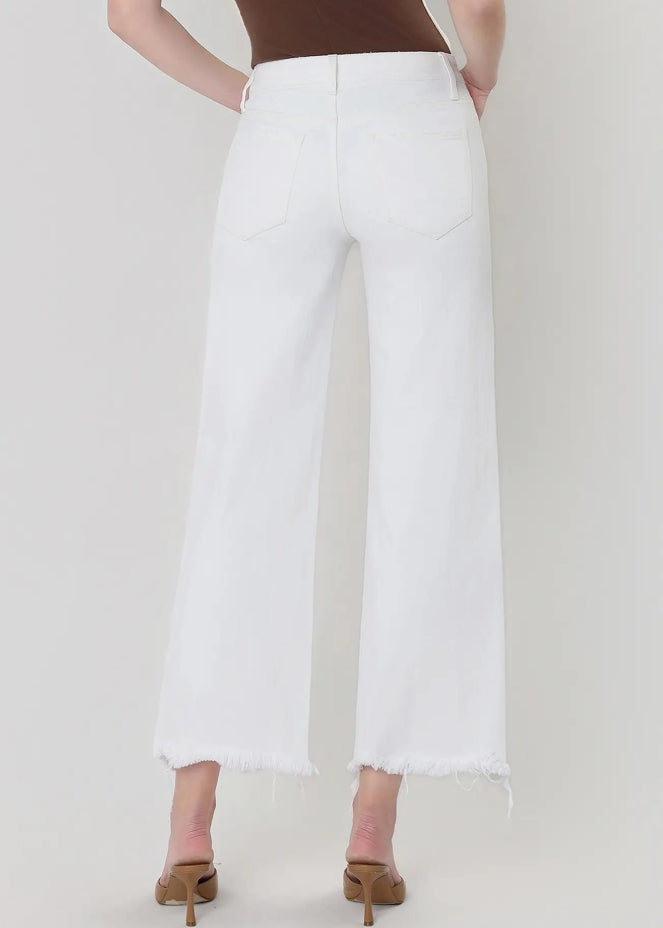 "Optic White"High Rise Uneven Raw Hem Crop Wide Jeans
