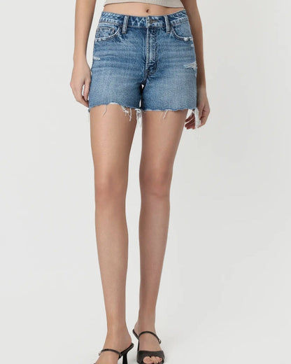 "Love on Top" High Rise Uneven Raw Hem Boyfriend Shorts