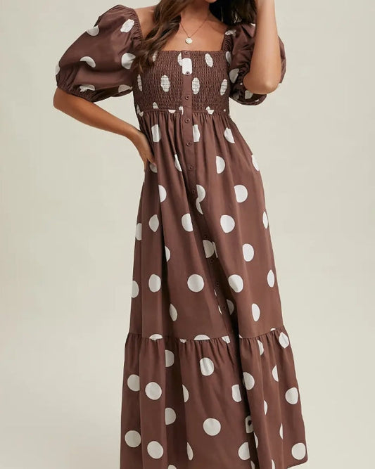 Chocolate Brown Polka Dot Puff Sleeve Dress