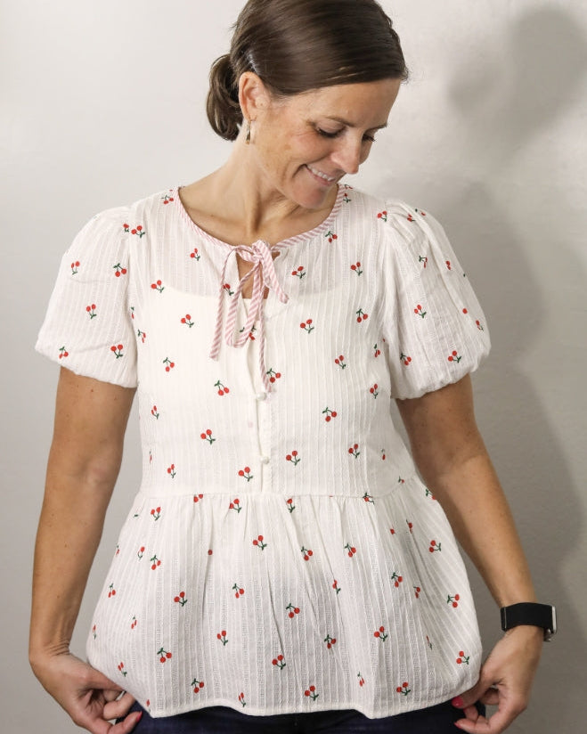 Cherry Embroidered Keyhole Gauzey Top