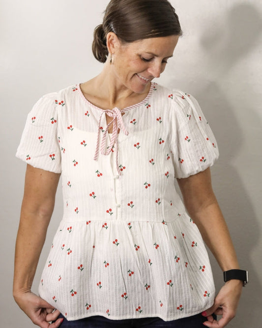 Cherry Embroidered Keyhole Gauzey Top