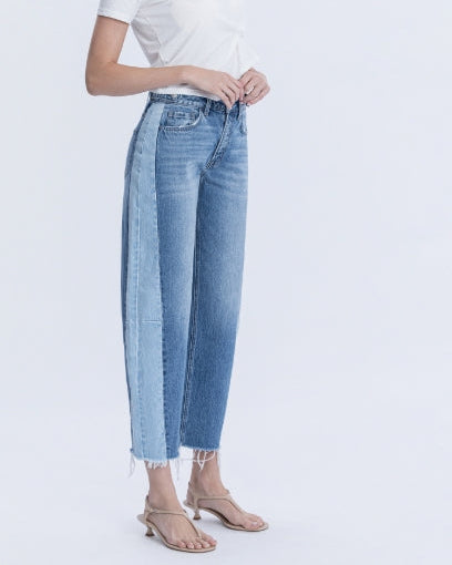 "Blue Memoir" 2 Tone High Rise Barrel Jean