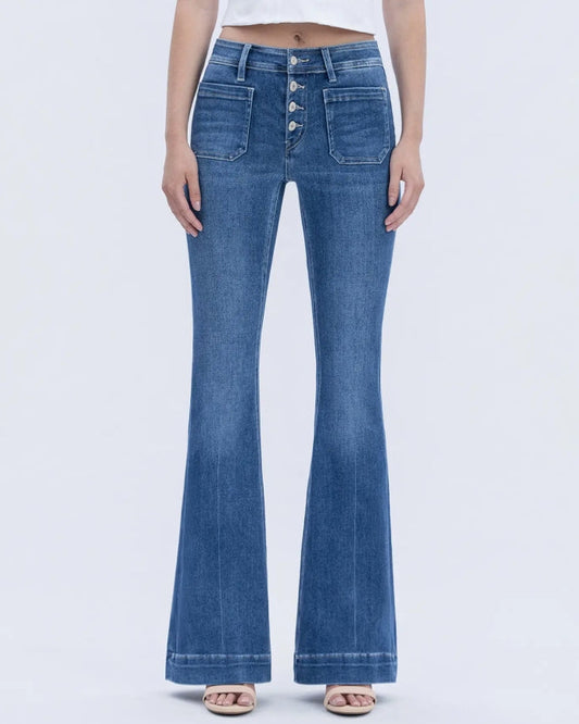 Mid Rise Flare Button Fly Patchwork Pocket -"Gleefully"