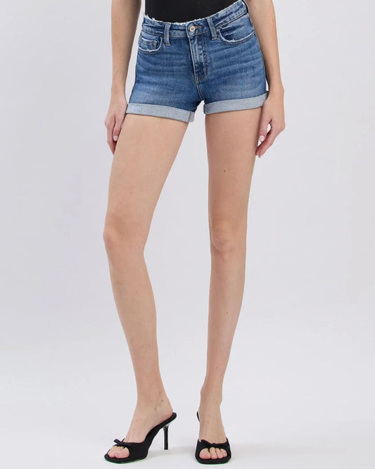 High Rise Double Cuffed Denim Shorts - "Soaring Skies"
