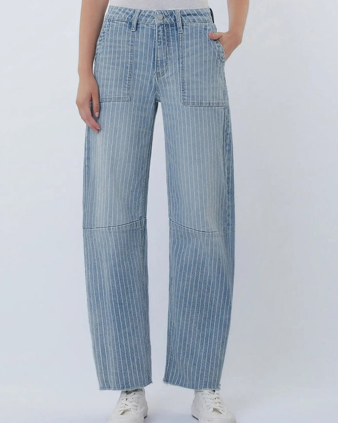 Vervet -High Rise Striped Raw Hem Crop Barrel Jeans