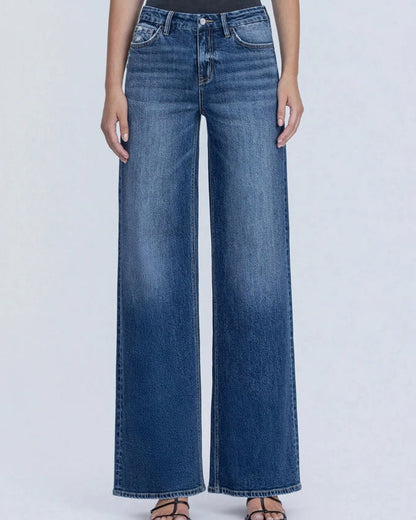 High Rise Dark Seamless Waistband Wide Leg Jean