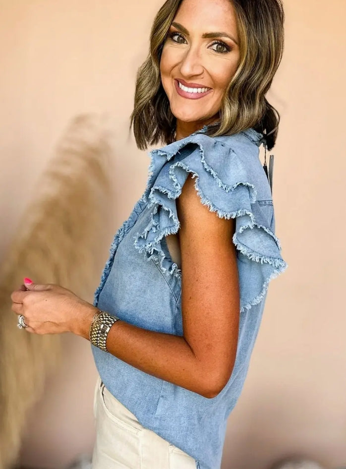 Denim Ruffle Flutter Sleeve Button Up