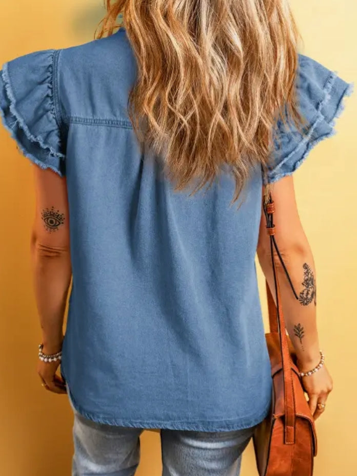 Denim Ruffle Flutter Sleeve Button Up