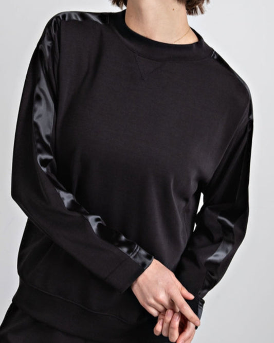 Black Modal Crewneck w/ Satin Stripe