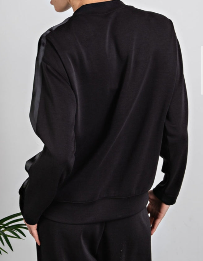 Black Modal Crewneck w/ Satin Stripe