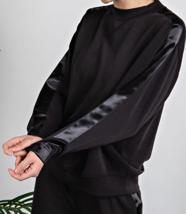 Black Modal Crewneck w/ Satin Stripe