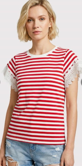 Red & White Striped Top with Lace Short Sleeve, Blue & White Striped Top with Lace Short Sleeve