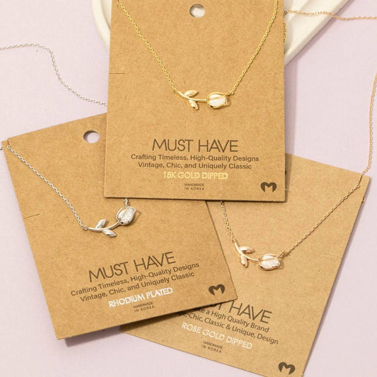 Sideways Gold Tulip with Opal Gem; Sideways Silver Tulip with Opal Gem; Sideways Tulip Necklace with Opal Gem