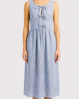 Blue Denim Like Tank Dress with 3 bow ties on front, midi length denim like sleeveless dress