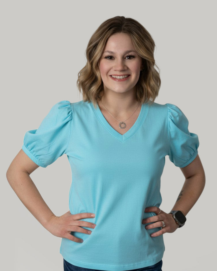 solid-color-v neck- short- puff- sleeve