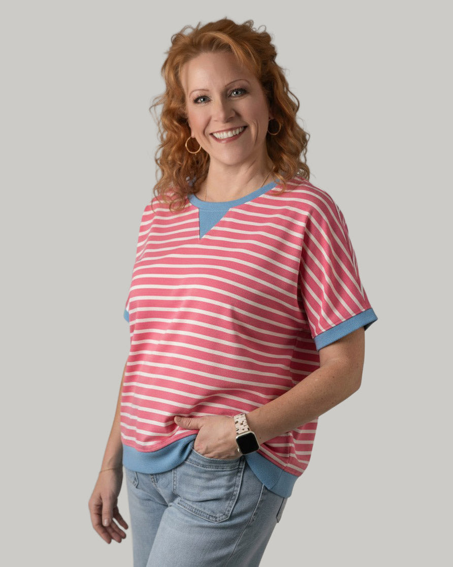 striped-contrast-trim-loose-short-sleeve
