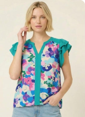 Teal Flutter Sleeve Floral Top