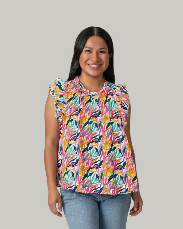 tropics-print-ruffled- flutter-sleeve-blouse