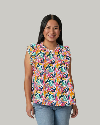 tropics-print-ruffled- flutter-sleeve-blouse
