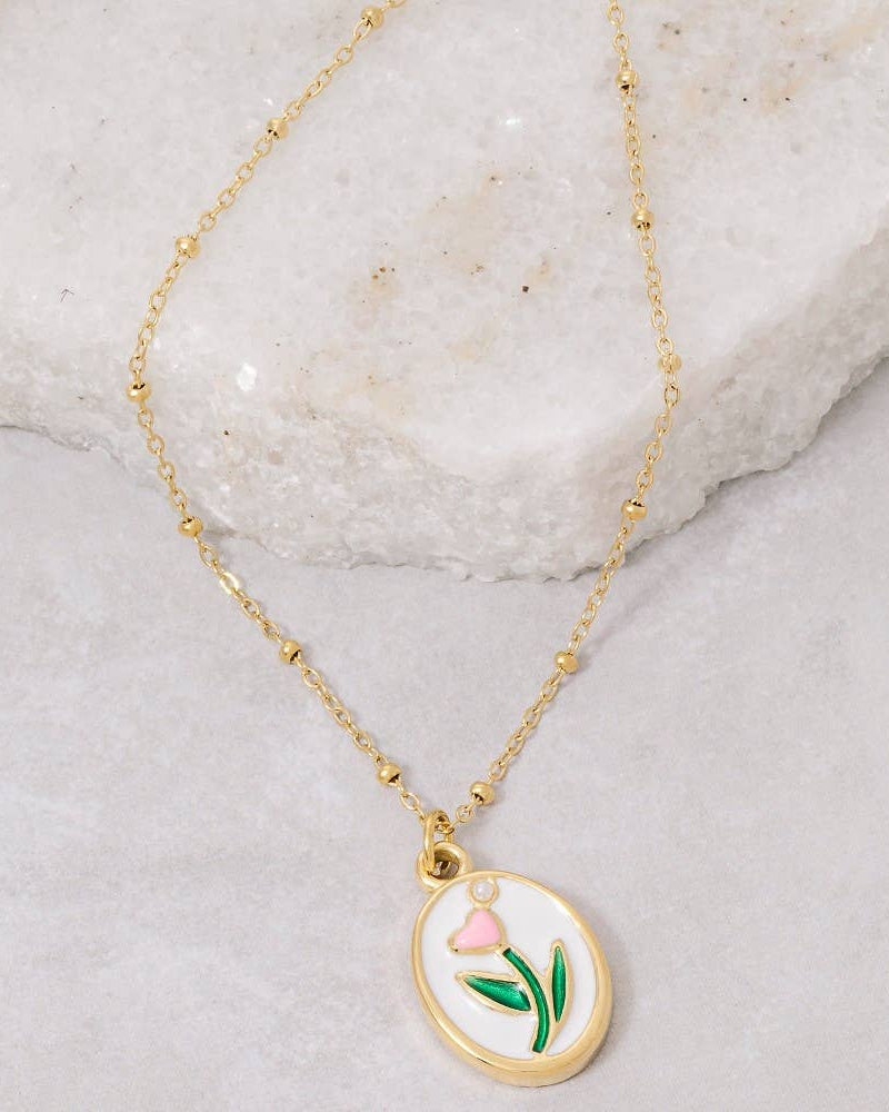 Oval Pendant Necklace; Pink Tulip on Oval Pendant Necklace; Gold Chain Necklace
