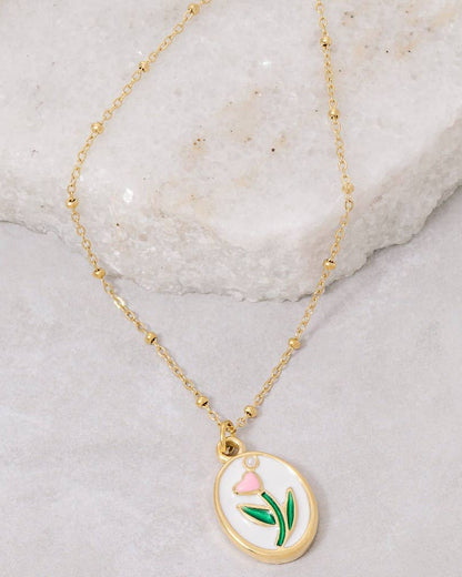Oval Pendant Necklace; Pink Tulip on Oval Pendant Necklace; Gold Chain Necklace