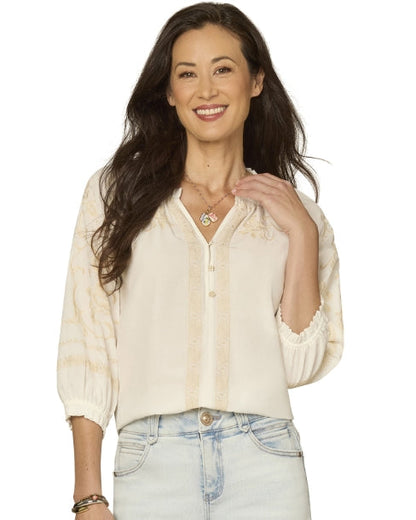 White 3/4 sleeve blouse with Tan Embroidery