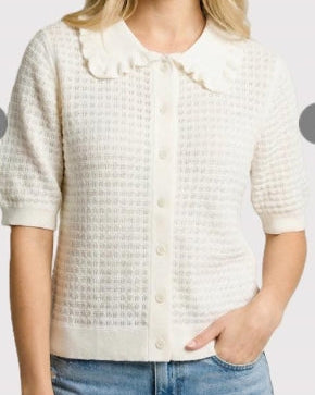 White Ruffle Collar Pointelle Button Up Half Sleeve Sweater