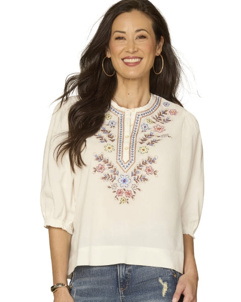 White Top with colorful floral embroidery