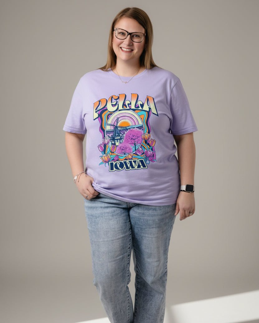 Lilac Purple Pella t-shirt; Purple windmill and tulip t-shirt