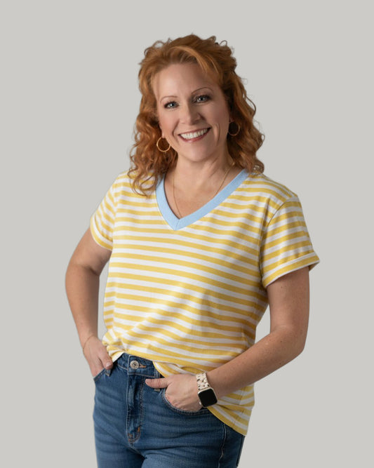 yellow-white-striped-vneck-shirt