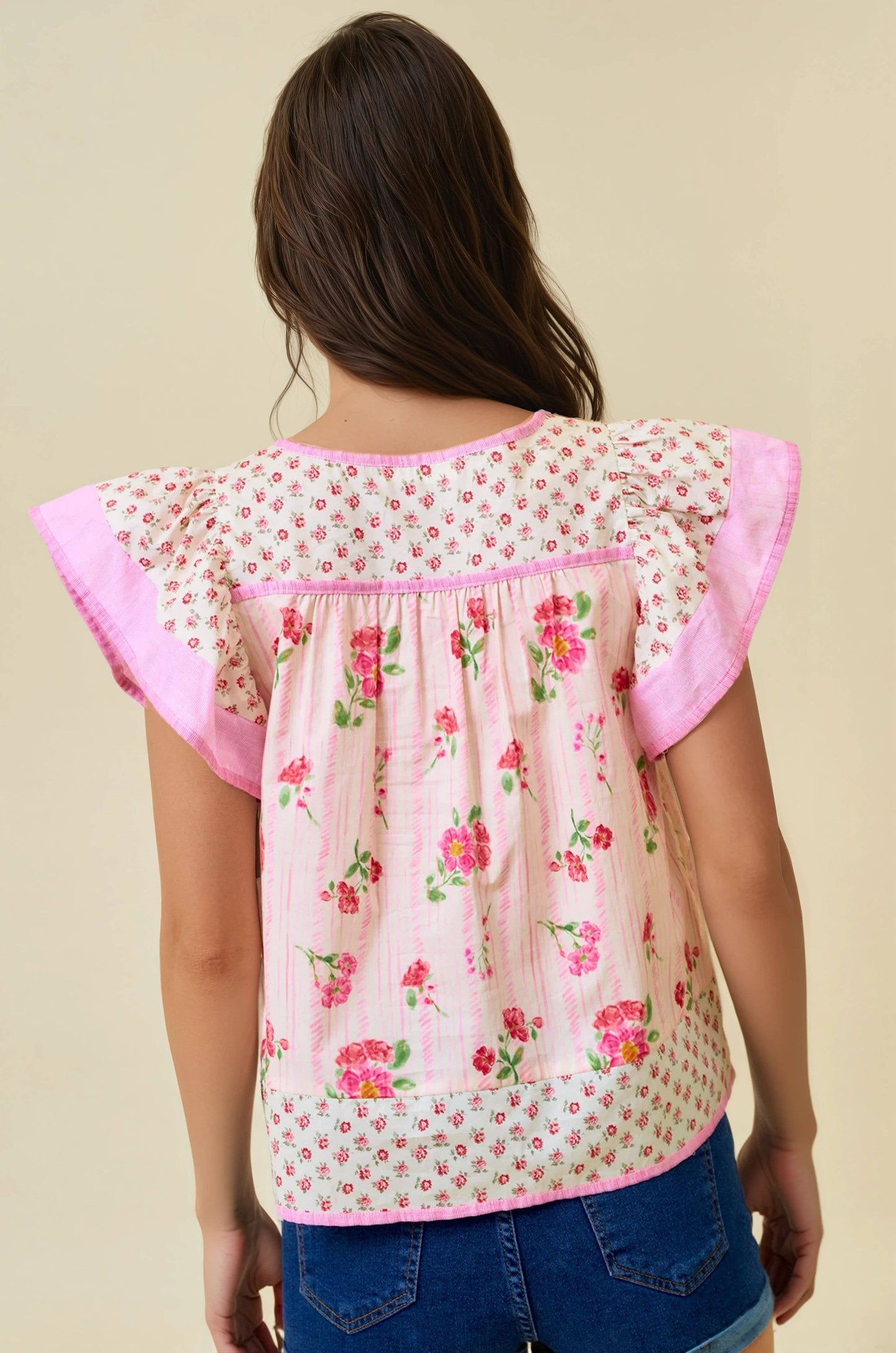 Mixed Floral Print Flutter Sleeve Top