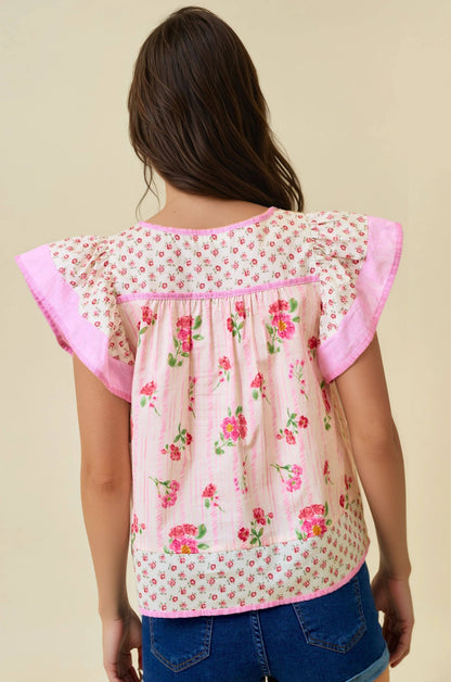 Mixed Floral Print Flutter Sleeve Top