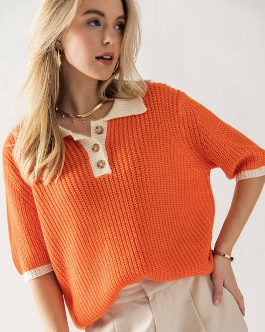 Two Tone Orange Contrast Short Sleeve Sweater