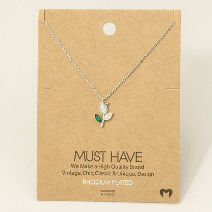 Opal Tulip Flower Green Leaf Necklace