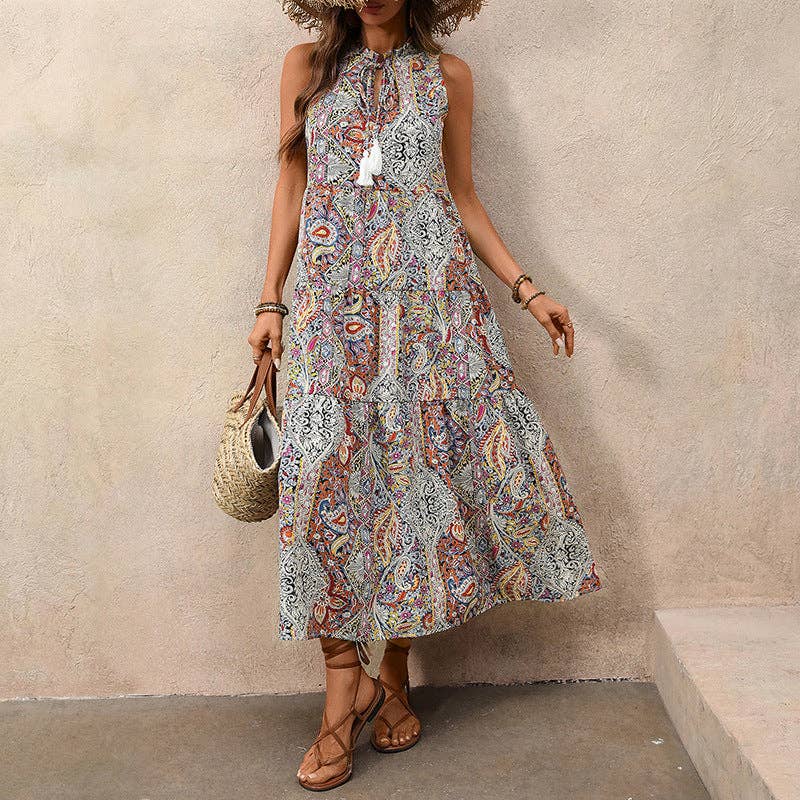 Women’s Boho Paisley Tassel Maxi Dress Sleeveless