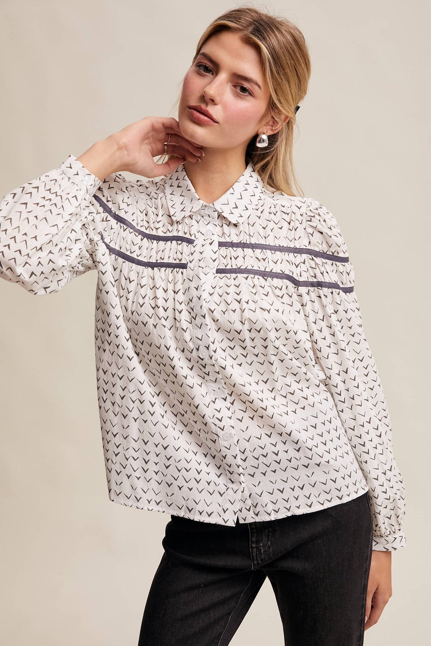 Lavender Grey Pintuck Puff Sleeve Blouse