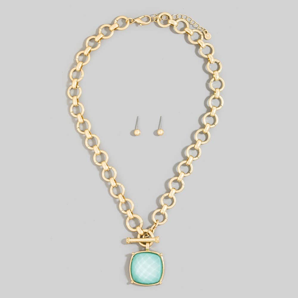 Square Stone Pendant Toggle Chain Necklace